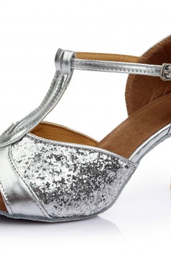 Women's Silver Sparkling Glitter Heels Sandals Latin Salsa Ballroom T-Strap Dance Shoes Wedding Party Shoes D602032