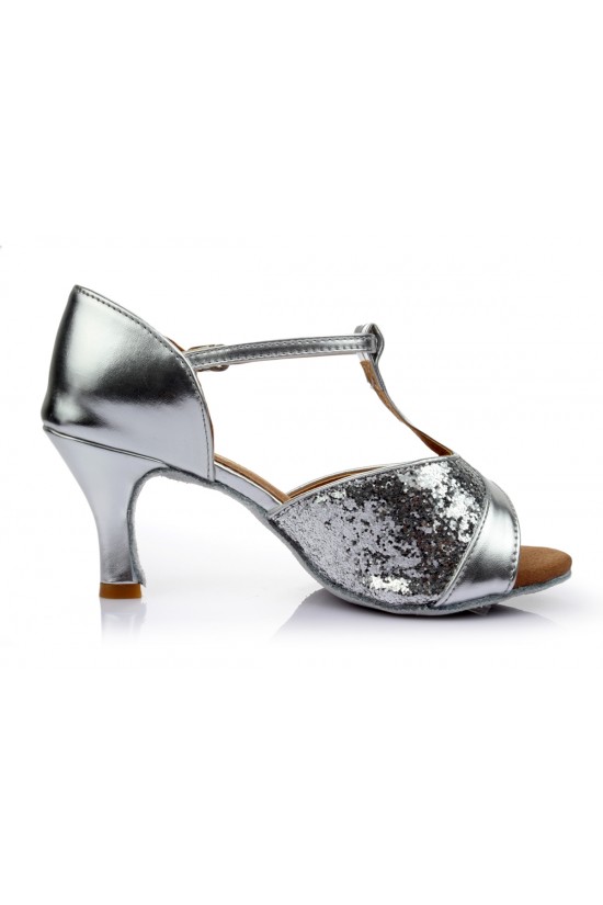 Women's Silver Sparkling Glitter Heels Sandals Latin Salsa Ballroom T-Strap Dance Shoes Wedding Party Shoes D602032