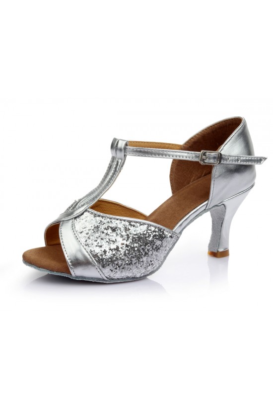 Women's Silver Sparkling Glitter Heels Sandals Latin Salsa Ballroom T-Strap Dance Shoes Wedding Party Shoes D602032