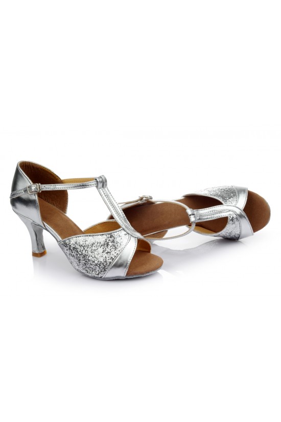 Women's Silver Sparkling Glitter Heels Sandals Latin Salsa Ballroom T-Strap Dance Shoes Wedding Party Shoes D602032