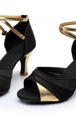 Women's Black Gold Satin Heels Sandals Latin Salsa With Ankle Strap Dance Shoes D602033