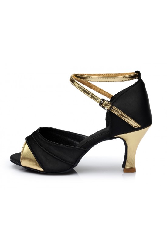 Women's Black Gold Satin Heels Sandals Latin Salsa With Ankle Strap Dance Shoes D602033