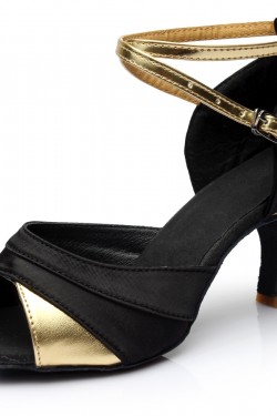 Women's Black Gold Satin Heels Sandals Latin Salsa With Ankle Strap Dance Shoes D602033