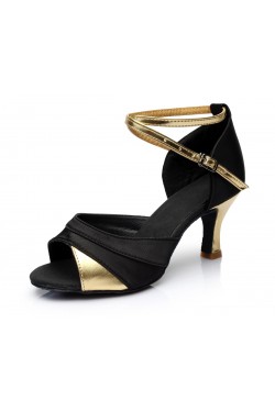 Women's Black Gold Satin Heels Sandals Latin Salsa With Ankle Strap Dance Shoes D602033
