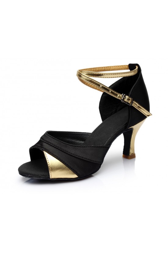 Women's Black Gold Satin Heels Sandals Latin Salsa With Ankle Strap Dance Shoes D602033