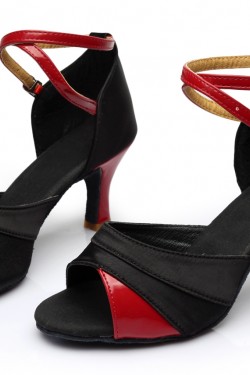 Women's Black Red Satin Heels Sandals Latin Salsa With Ankle Strap Dance Shoes D602034