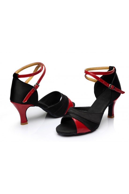 Women's Black Red Satin Heels Sandals Latin Salsa With Ankle Strap Dance Shoes D602034