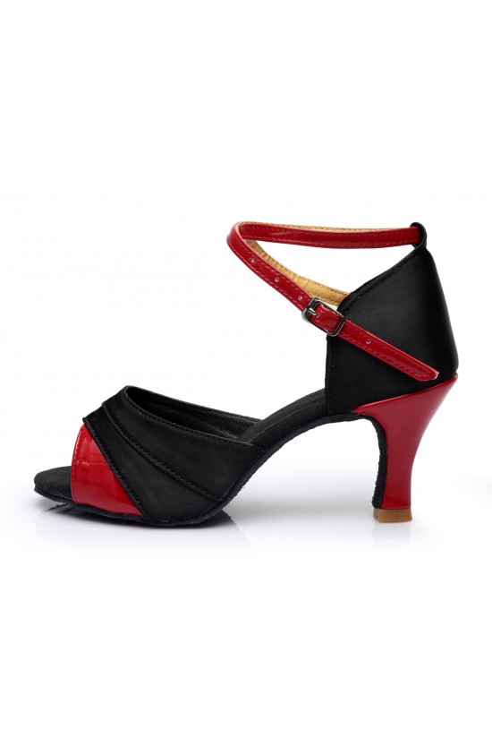 Women's Black Red Satin Heels Sandals Latin Salsa With Ankle Strap Dance Shoes D602034