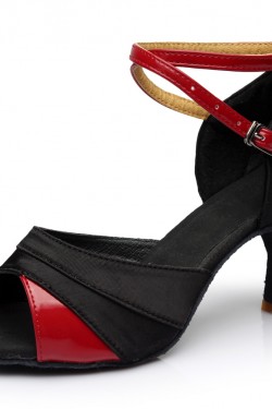 Women's Black Red Satin Heels Sandals Latin Salsa With Ankle Strap Dance Shoes D602034