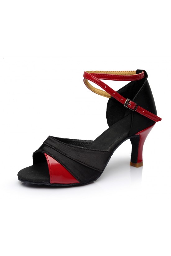 Women's Black Red Satin Heels Sandals Latin Salsa With Ankle Strap Dance Shoes D602034