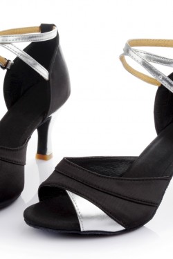 Women's Black Silver Satin Heels Sandals Latin Salsa With Ankle Strap Dance Shoes D602035