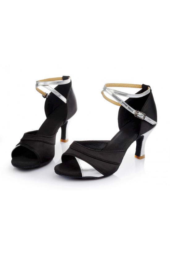 Women's Black Silver Satin Heels Sandals Latin Salsa With Ankle Strap Dance Shoes D602035