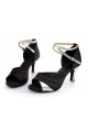 Women's Black Silver Satin Heels Sandals Latin Salsa With Ankle Strap Dance Shoes D602035