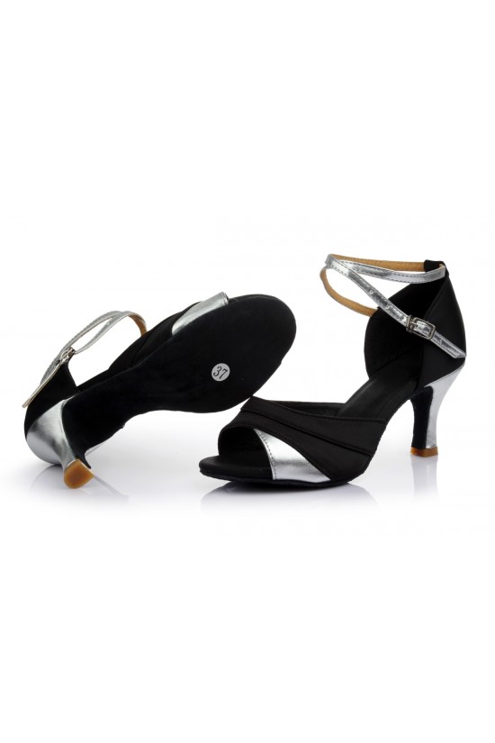 Women's Black Silver Satin Heels Sandals Latin Salsa With Ankle Strap Dance Shoes D602035