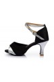 Women's Black Silver Satin Heels Sandals Latin Salsa With Ankle Strap Dance Shoes D602035