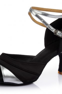 Women's Black Silver Satin Heels Sandals Latin Salsa With Ankle Strap Dance Shoes D602035