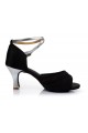 Women's Black Silver Satin Heels Sandals Latin Salsa With Ankle Strap Dance Shoes D602035