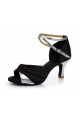 Women's Black Silver Satin Heels Sandals Latin Salsa With Ankle Strap Dance Shoes D602035