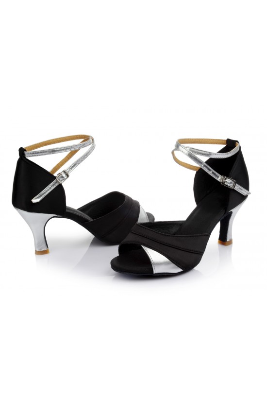 Women's Black Silver Satin Heels Sandals Latin Salsa With Ankle Strap Dance Shoes D602035