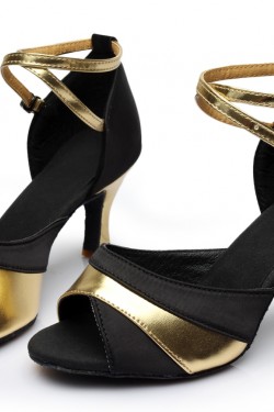Women's Black Gold Satin Heels Sandals Latin Salsa With Ankle Strap Dance Shoes D602036