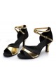 Women's Black Gold Satin Heels Sandals Latin Salsa With Ankle Strap Dance Shoes D602036