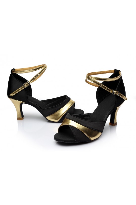 Women's Black Gold Satin Heels Sandals Latin Salsa With Ankle Strap Dance Shoes D602036