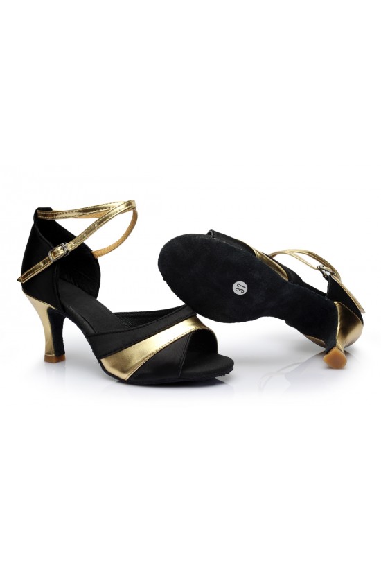 Women's Black Gold Satin Heels Sandals Latin Salsa With Ankle Strap Dance Shoes D602036