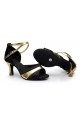 Women's Black Gold Satin Heels Sandals Latin Salsa With Ankle Strap Dance Shoes D602036