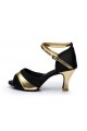 Women's Black Gold Satin Heels Sandals Latin Salsa With Ankle Strap Dance Shoes D602036