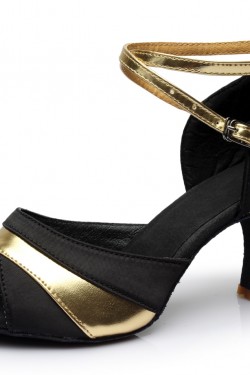 Women's Black Gold Satin Heels Sandals Latin Salsa With Ankle Strap Dance Shoes D602036