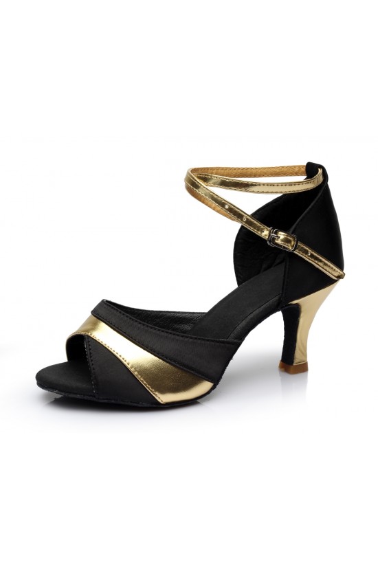 Women's Black Gold Satin Heels Sandals Latin Salsa With Ankle Strap Dance Shoes D602036