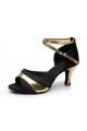 Women's Black Gold Satin Heels Sandals Latin Salsa With Ankle Strap Dance Shoes D602036