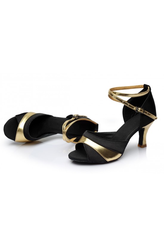 Women's Black Gold Satin Heels Sandals Latin Salsa With Ankle Strap Dance Shoes D602036