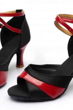 Women's Black Red Satin Heels Sandals Latin Salsa With Ankle Strap Dance Shoes D602037