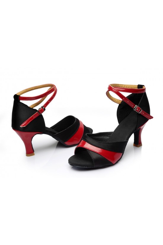 Women's Black Red Satin Heels Sandals Latin Salsa With Ankle Strap Dance Shoes D602037