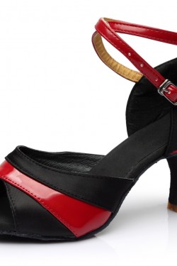 Women's Black Red Satin Heels Sandals Latin Salsa With Ankle Strap Dance Shoes D602037