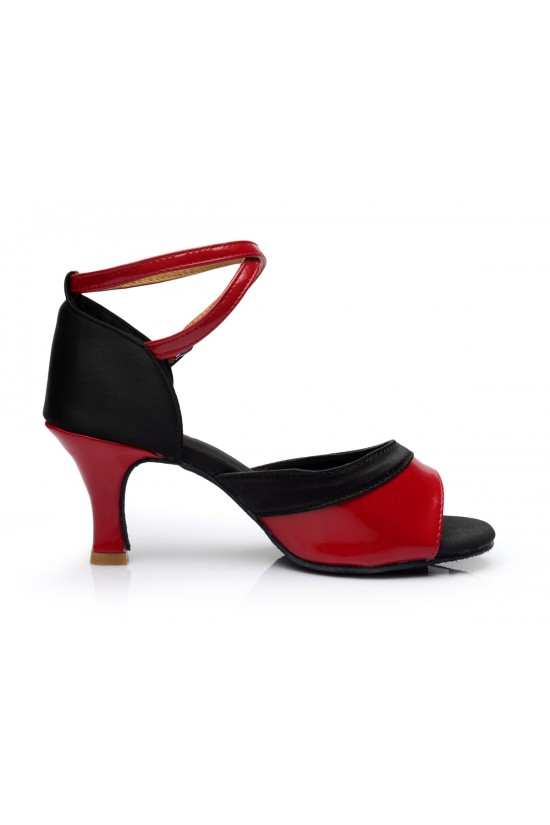 Women's Black Red Satin Heels Sandals Latin Salsa With Ankle Strap Dance Shoes D602037