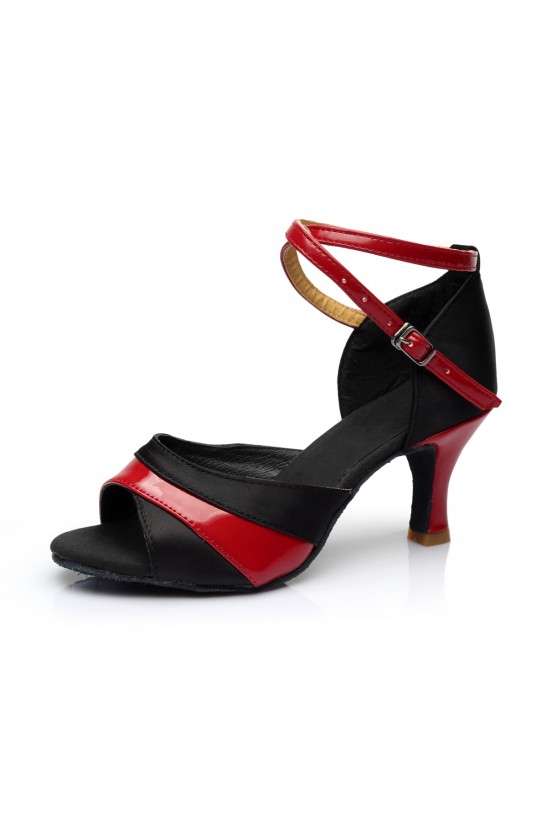 Women's Black Red Satin Heels Sandals Latin Salsa With Ankle Strap Dance Shoes D602037