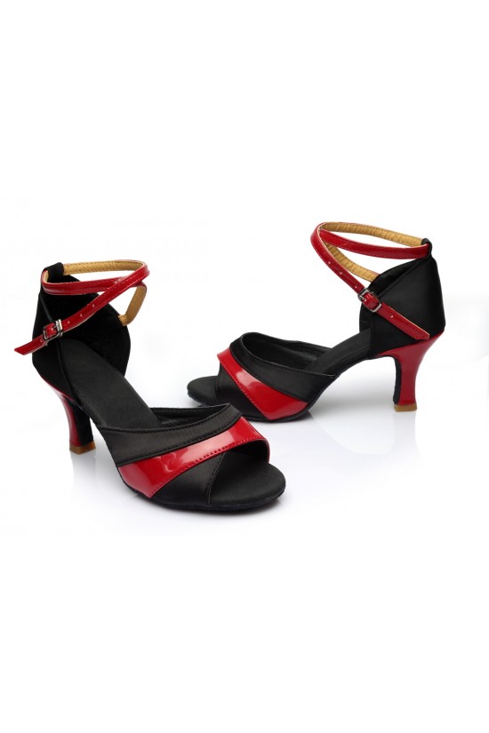 Women's Black Red Satin Heels Sandals Latin Salsa With Ankle Strap Dance Shoes D602037