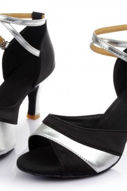 Women's Black Silver Satin Heels Sandals Latin Salsa With Ankle Strap Dance Shoes D602038