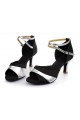 Women's Black Silver Satin Heels Sandals Latin Salsa With Ankle Strap Dance Shoes D602038