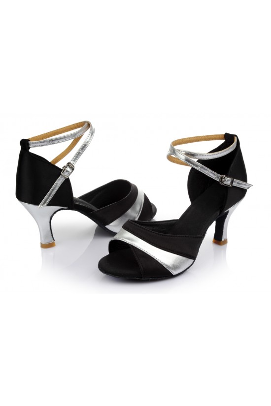 Women's Black Silver Satin Heels Sandals Latin Salsa With Ankle Strap Dance Shoes D602038