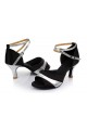 Women's Black Silver Satin Heels Sandals Latin Salsa With Ankle Strap Dance Shoes D602038