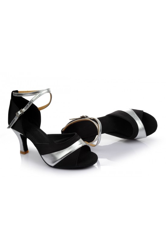 Women's Black Silver Satin Heels Sandals Latin Salsa With Ankle Strap Dance Shoes D602038