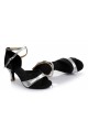 Women's Black Silver Satin Heels Sandals Latin Salsa With Ankle Strap Dance Shoes D602038