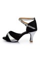 Women's Black Silver Satin Heels Sandals Latin Salsa With Ankle Strap Dance Shoes D602038