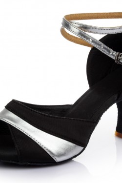 Women's Black Silver Satin Heels Sandals Latin Salsa With Ankle Strap Dance Shoes D602038