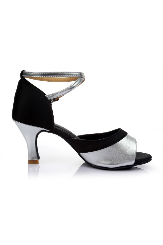 Women's Black Silver Satin Heels Sandals Latin Salsa With Ankle Strap Dance Shoes D602038