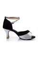 Women's Black Silver Satin Heels Sandals Latin Salsa With Ankle Strap Dance Shoes D602038