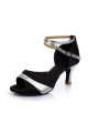 Women's Black Silver Satin Heels Sandals Latin Salsa With Ankle Strap Dance Shoes D602038